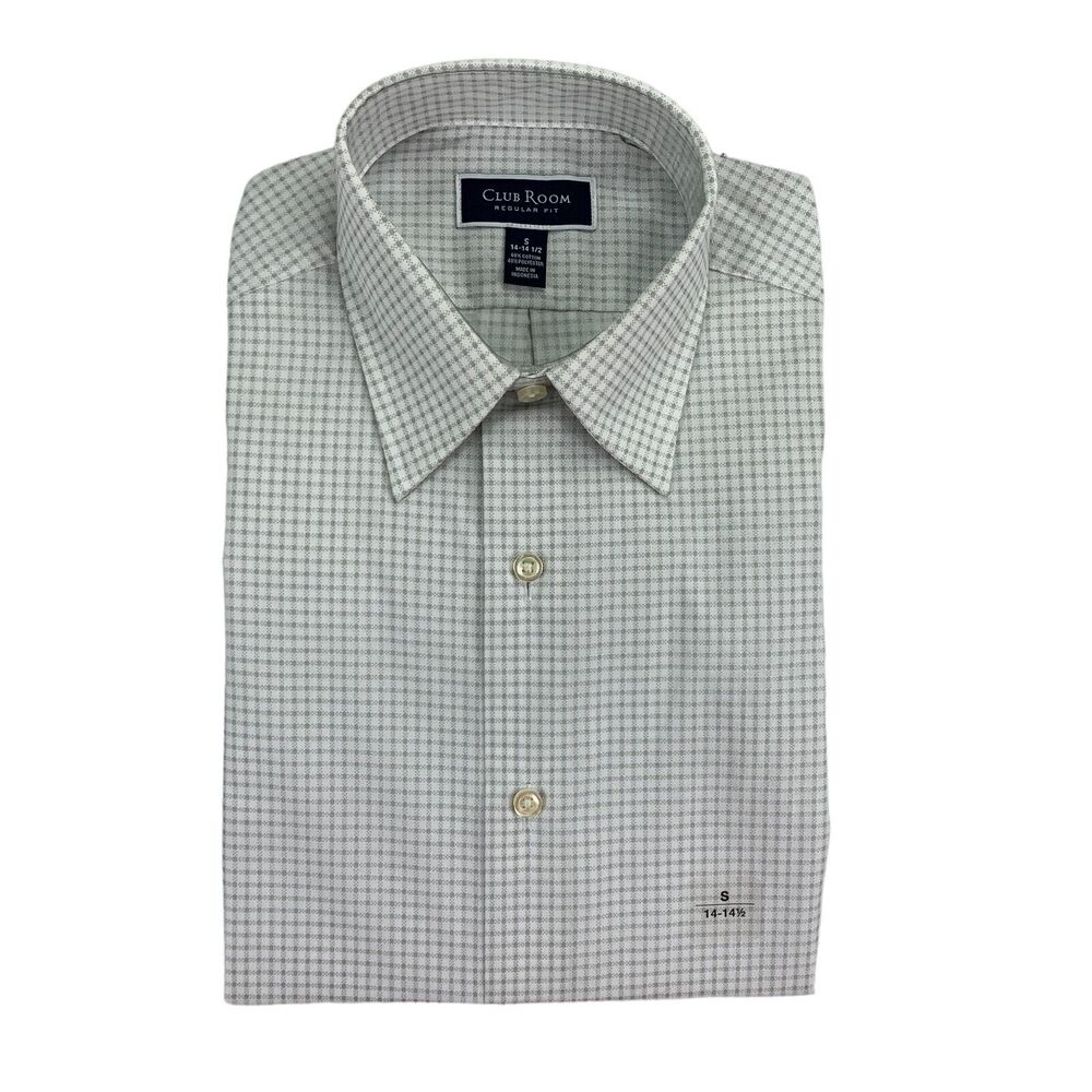 Club Room Mens Regular Fit Long Sleeve Check Dress Shirt Gray S 14-14.5
